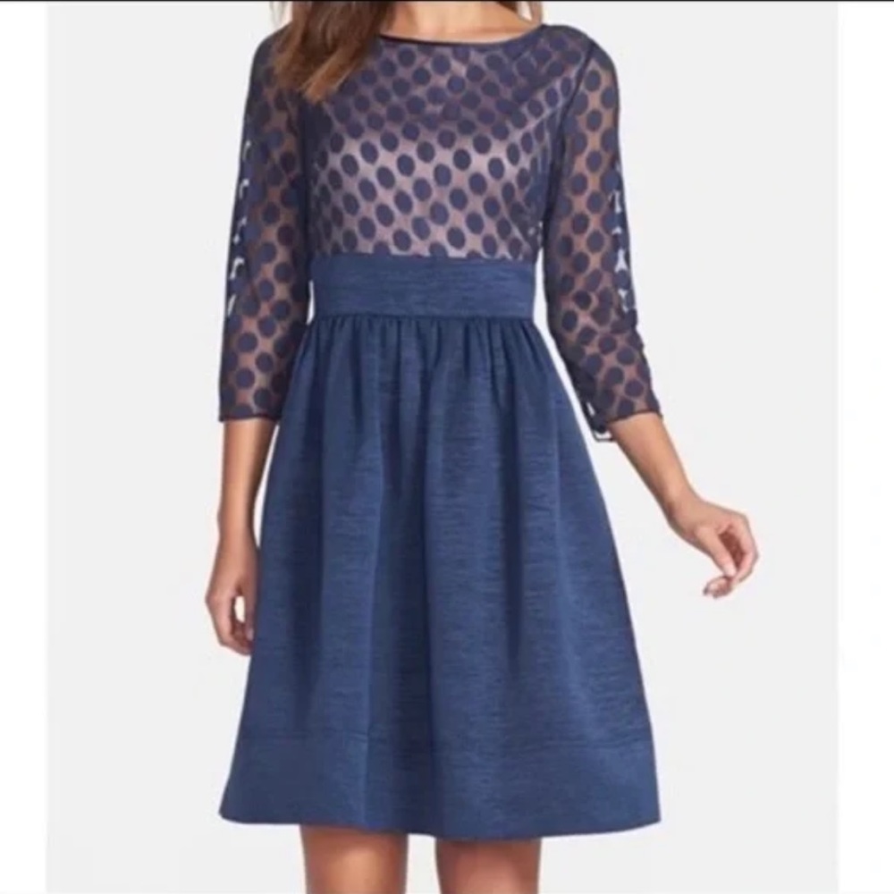 NWT Eliza J. Sheer Polka Dot Dress Navy New